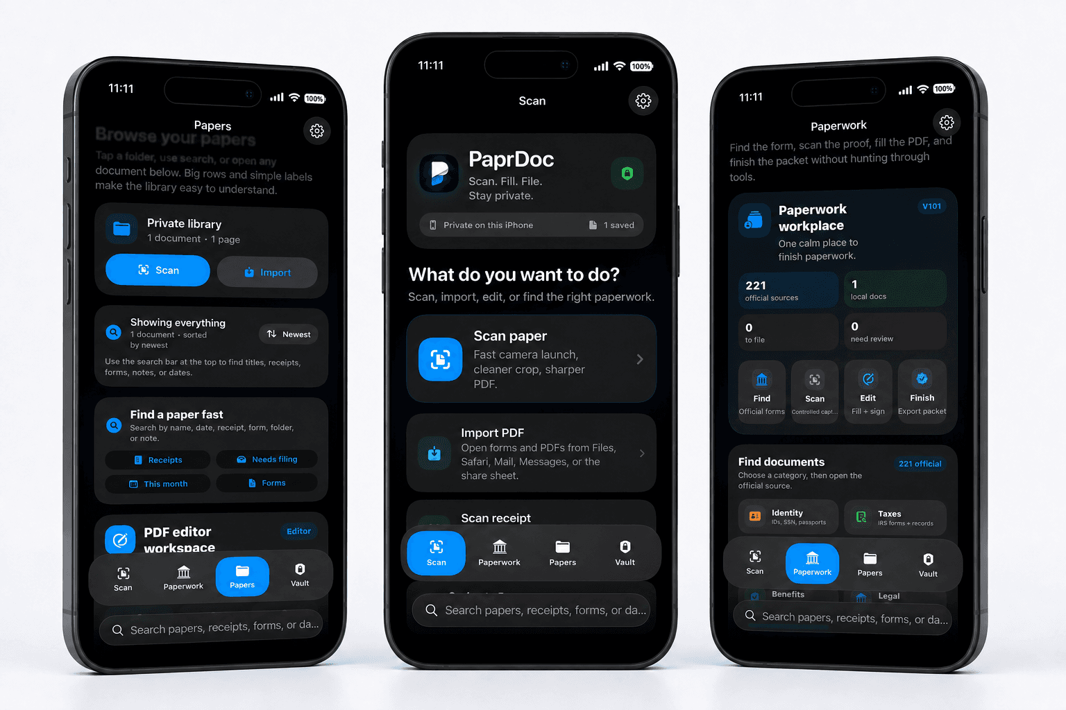 Papr Tools app screens on three iPhones