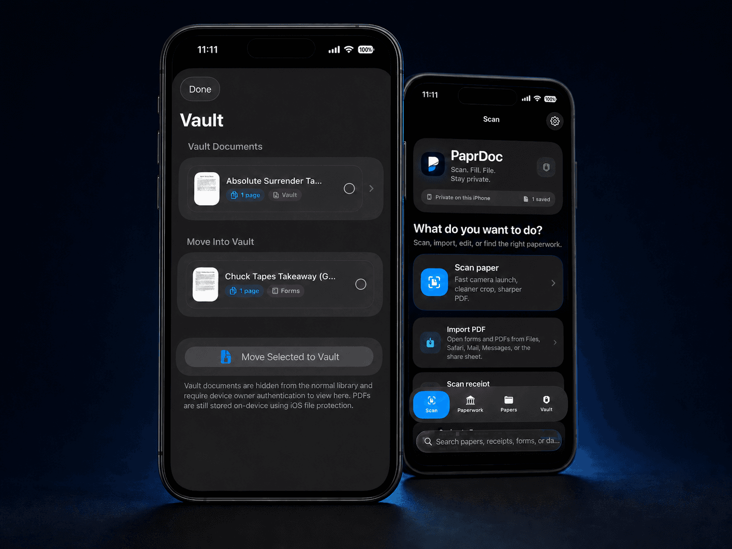 Papr Tools Vault and Scan on two iPhones
